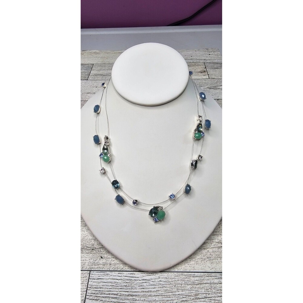Nine West Double Strand Blue Green Clear Rhinestone Station Illusion Necklace